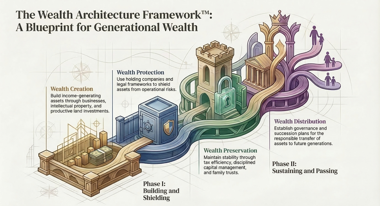 Wealth Architecture Framework™ serves as a strategic blueprint designed to help high-level professionals transition from earning simple income to managing a permanent financial legacy.