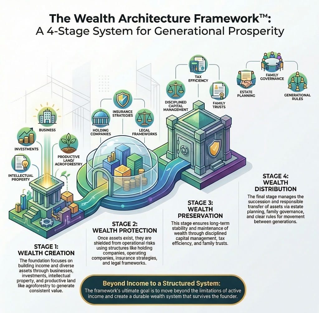 Wealth Architecture Framework™ serves as a strategic blueprint designed to help high-level professionals transition from earning simple income to managing a permanent financial legacy.
